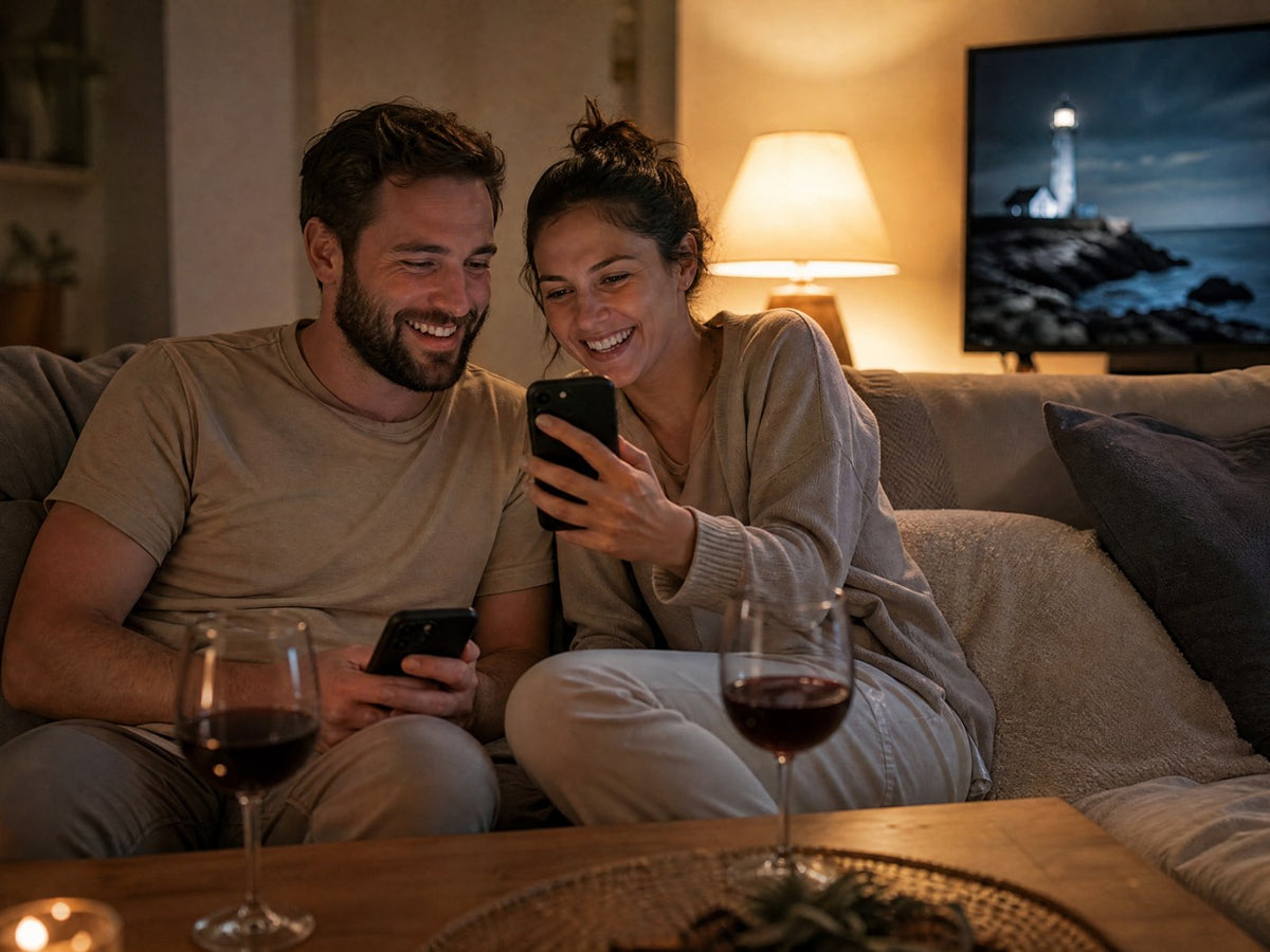 Paar spielt Hotel Miramare auf dem Sofa