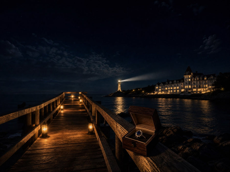Steg bei Nacht mit Ringkästchen, Leuchtturm und Hotel Miramare
