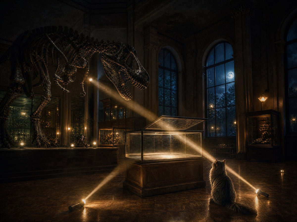 Nächtlicher Dino-Saal mit T-Rex-Skelett, leerer Vitrine und Museumskatze