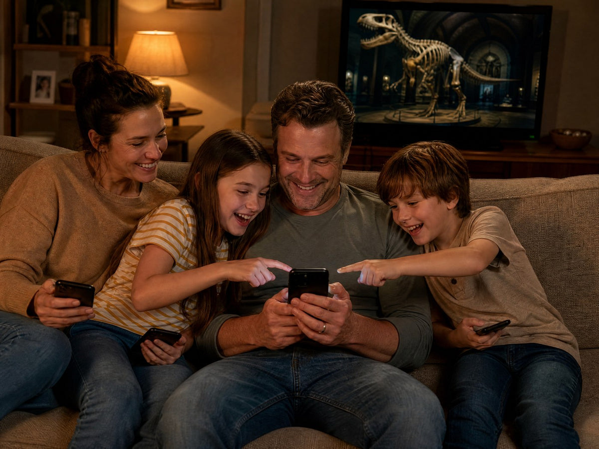 Familie spielt Das Geheimnis im Museum auf dem Sofa